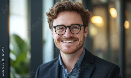 Portrait of a Young Laughing Successful Businessman in Modern Office Generative AI