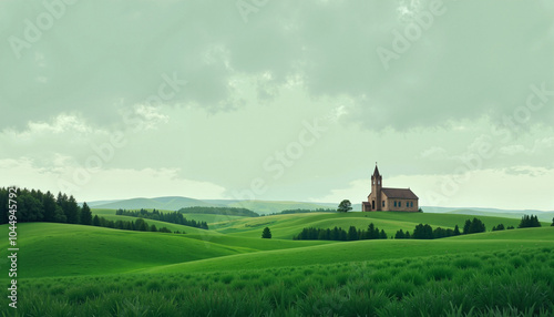 Country church on rolling green hills with cloudy sky