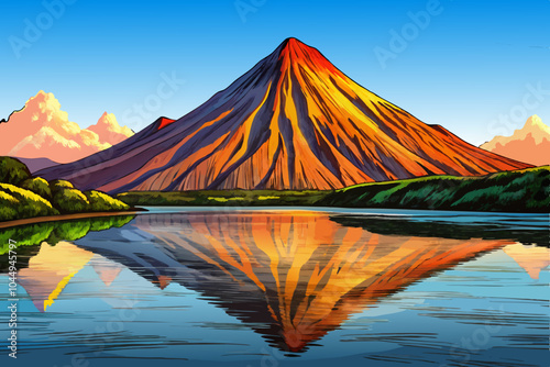 mountains vector in reflected calm waters of lake, hand drawn sketch