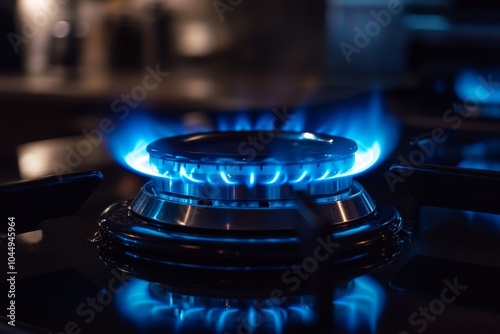 Blue Flame on Gas Stove Burner Against Kitchen Background Generative AI