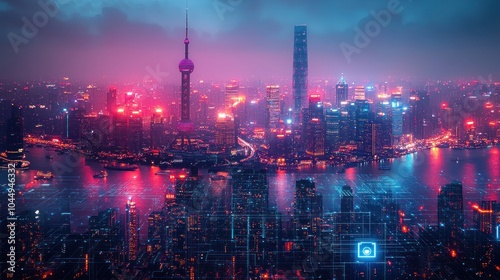 A vibrant cityscape with a futuristic overlay of digital data, showcasing the intersection of technology and urban life.