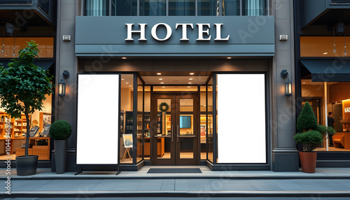 Main entrance of hotel, store or business company with mock up signboard with copy space area for your information Blank board of shop for add your design. City street with frontal door of store iso