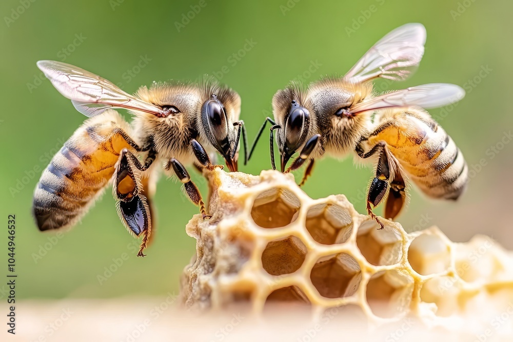 Close-up of honeybees working together on a honeycomb in a vibrant garden during the daytime Close-up of honeybees working together on a honeycomb in a vibrant garden during the daytime