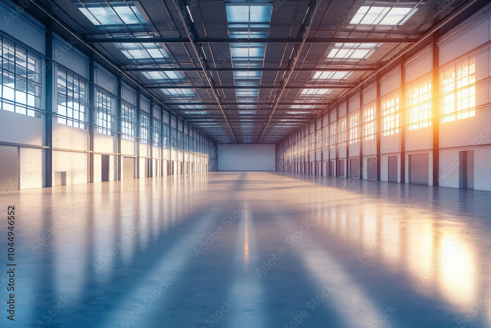 A large empty warehouse with bright lights shining through the windows A large empty warehouse with bright lights shining through the windows