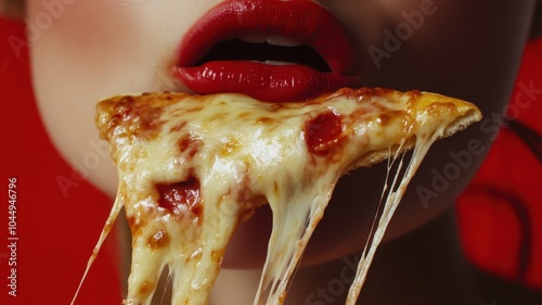 Young woman bites slice of pizza,Happy sexy woman eating pizza with pepperoni and mozzarella cheese red background,hungry woman with junkfood,orders delivery in restaurant,takeaway food. photo