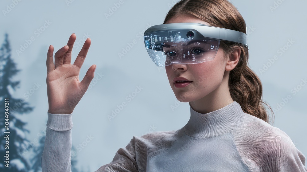 Exploring the future of augmented reality a woman interacting with advanced technology in a natural landscape Exploring the future of augmented reality a woman interacting with advanced technology in a natural landscape