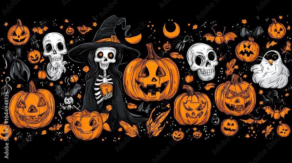 A charming collection of Halloween doodles featuring delightful witches, jolly skeletons, and adorable cats, perfect for a playful and festive Halloween atmosphere. A charming collection of Halloween doodles featuring delightful witches, jolly skeletons, and adorable cats, perfect for a playful and festive Halloween atmosphere.