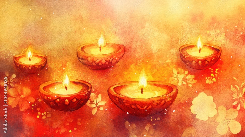 Watercolor illustration of Diya lamps glowing brightly with delicate floral patterns and soft warm colors, creating a festive Diwali atmosphere. Diwali Watercolor illustration of Diya lamps glowing brightly with delicate floral patterns and soft warm colors, creating a festive Diwali atmosphere. Diwali