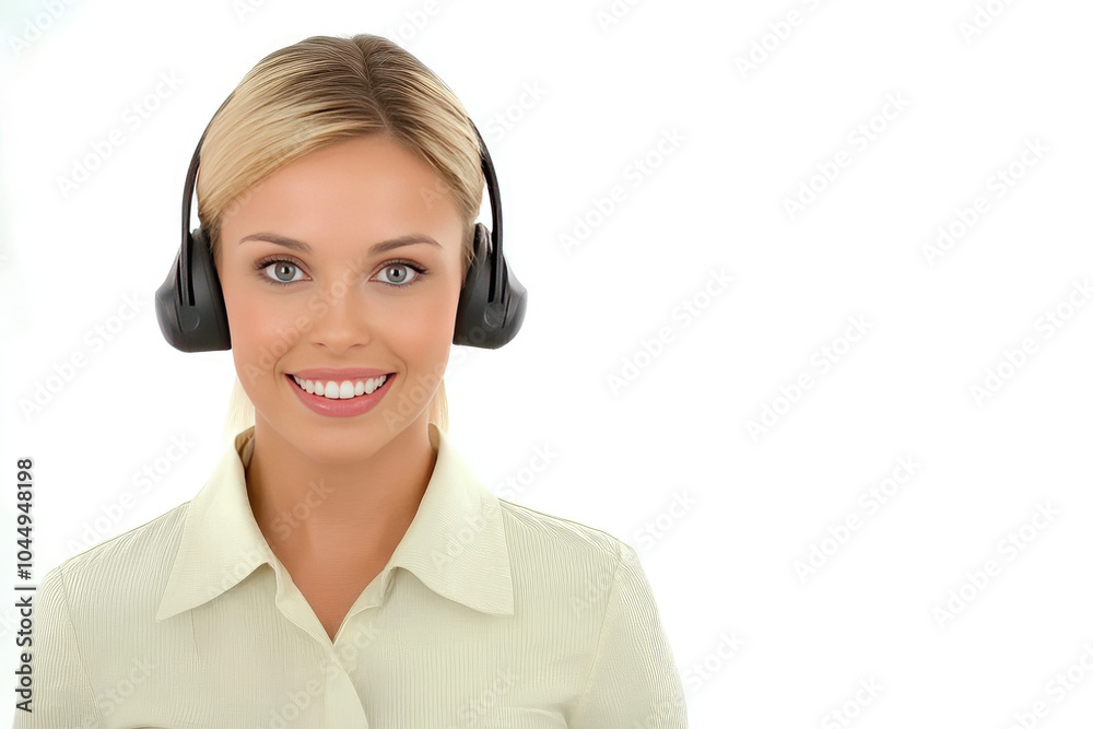 isolated happy Young Businesswoman Wearing Headset standing, call cente isolated happy Young Businesswoman Wearing Headset standing, call cente