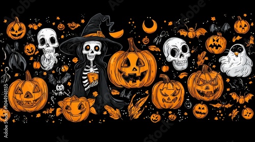 A charming collection of Halloween doodles featuring delightful witches, jolly skeletons, and adorable cats, perfect for a playful and festive Halloween atmosphere.