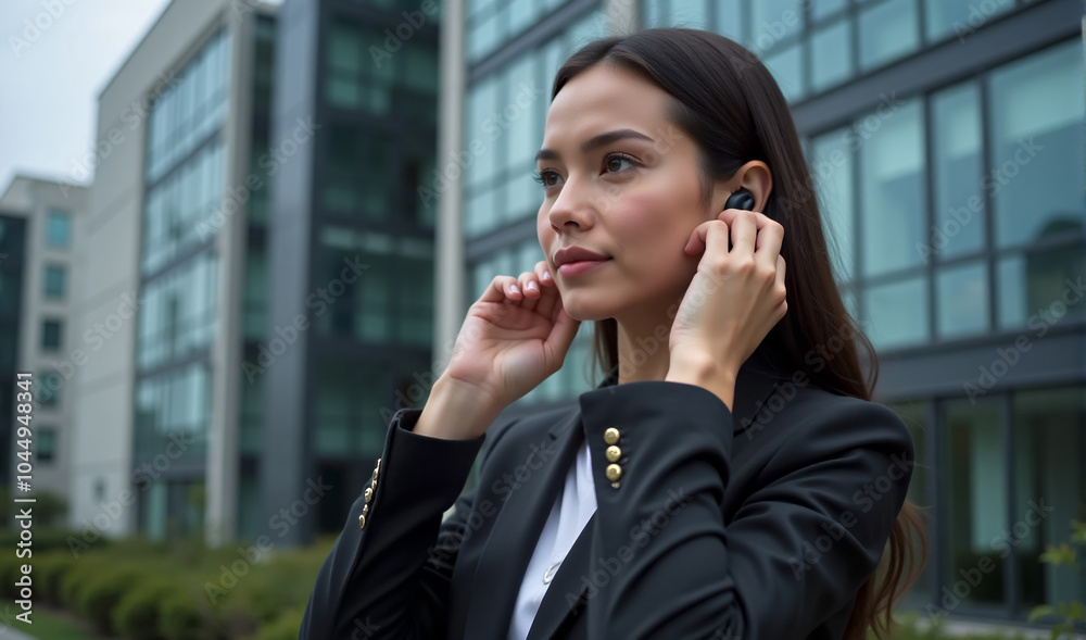 A close up businesswoman standing in front of a sleek, modern office building, putting on a pair of wireless earbuds. She is dressed in a stylish business suit A close up businesswoman standing in front of a sleek, modern office building, putting on a pair of wireless earbuds. She is dressed in a stylish business suit