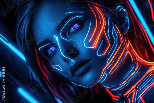 Futuristic woman with neon face paint in blue light
