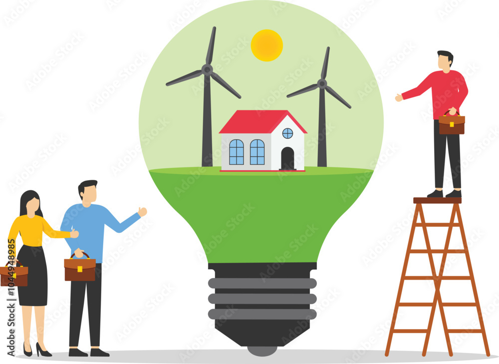 Home with and clean energy windmill on Light bulb on green background. Green energy technology. Flat vector illustration.
Home with and clean energy windmill on Light bulb on green background. Green energy technology. Flat vector illustration.