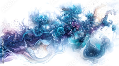 Piece of an abstract representation of a blue, teal, and purple cloud with swirling smoke-like patterns that form into various shapes like flowers or tentacles