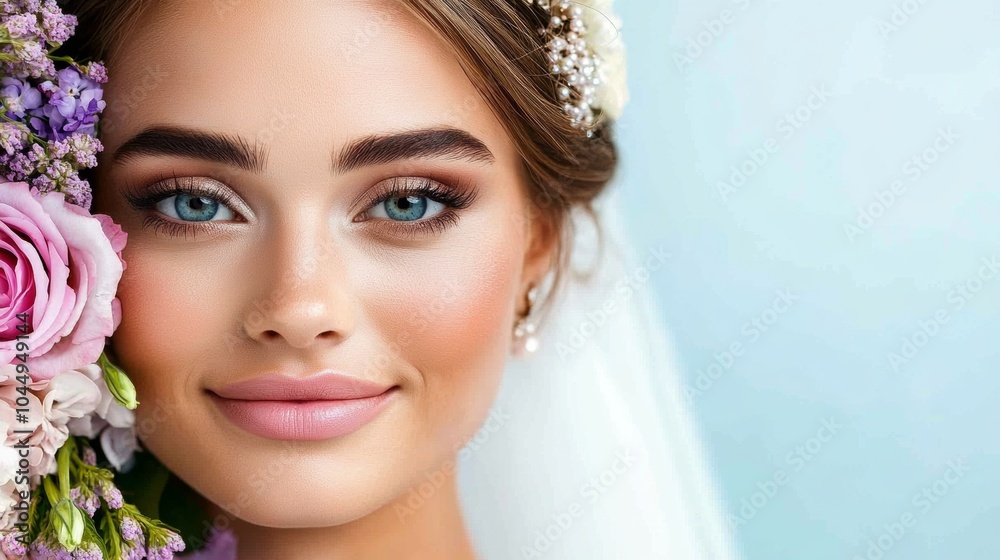 Woman with a blue eye and pink flowers in her hair. delicate bridal makeup palette featuring soft pastel hues of light pink, lavender, arranged artistically with a glowy highlighter,