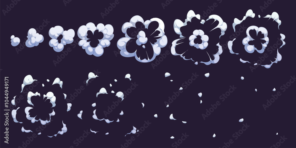 Smoke explosion game sprite or animated cloud steam of cartoon bomb blast, vector effect. TNT bomb explode with smoke cloud animation sprite sheet of blast and pop puff for cartoon dynamite explosion