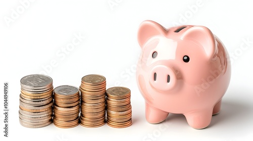 Adorable Pink Piggy Bank Sitting Beside Growing Stacks of Coins Representing Consistent Savings Financial Security and Prudent Money Management