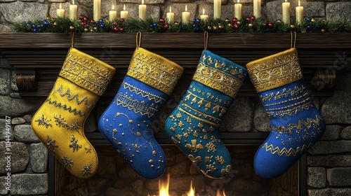 Gold Embroidered Stockings and Intricate Hanukkah Candles on Mantel photo