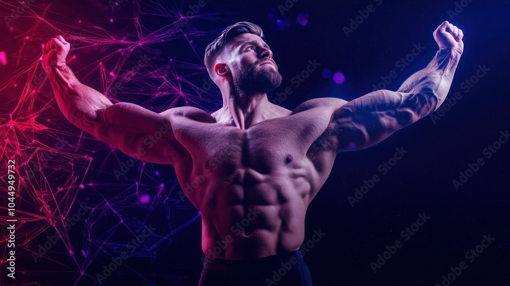 Obraz premium Empowered strength a portrait of a muscular man showcasing fitness and determination against a vivid background