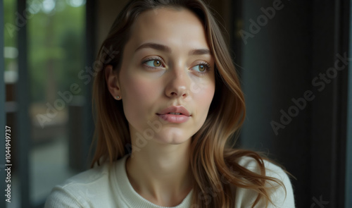 A reflective woman gazing through a large window, her face softly illuminated by natural light. She has a peaceful expression