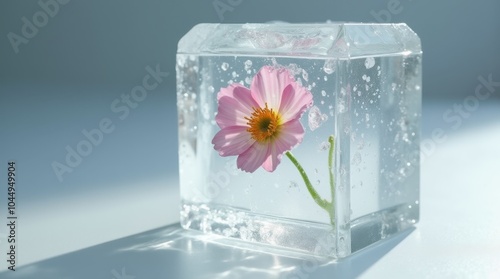 A delicate flower encased in a block of ice, placed on a white surface. The ice represents frozen beauty and the preservation of fragile moments in time. photo