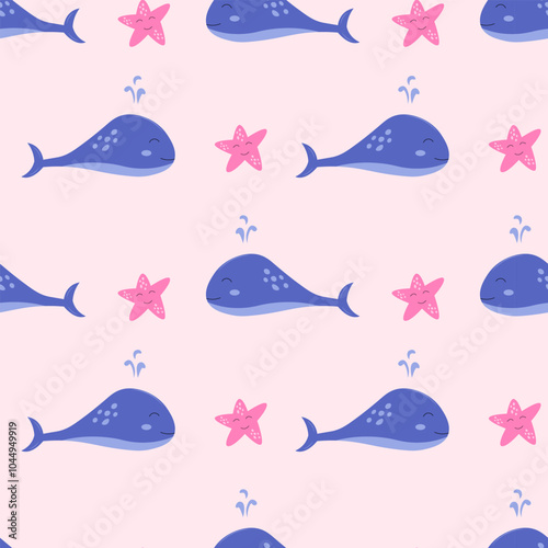 Vector seamless pattern with whale and starfish