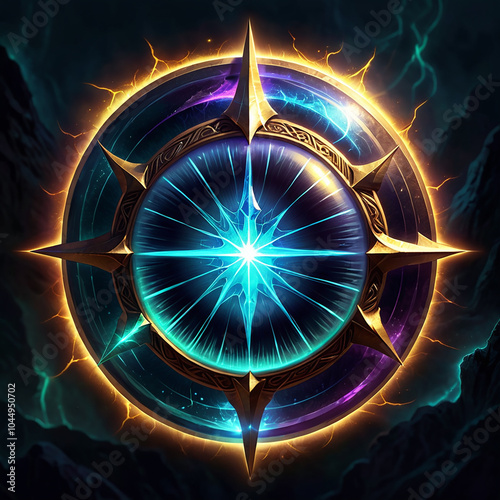 A circular compass with an ornate gold frame encasing a glowing blue star surrounded by a swirling nebulalike effect, set against a dark background with hints of green. photo