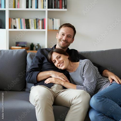 A couple relaxing on a sofa, with the woman resting her head on the man's chest, both smiling warmly.