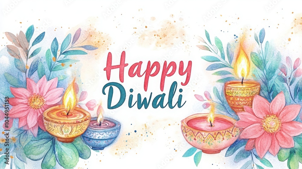 Fototapeta premium Elegant watercolor of Happy Diwali text with glowing lamps and flowers, surrounded by sparkling lights and warm colors to create a joyful festive atmosphere. Diwali