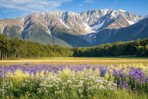 Serene mountain landscape with vibrant wildflowers in bloom