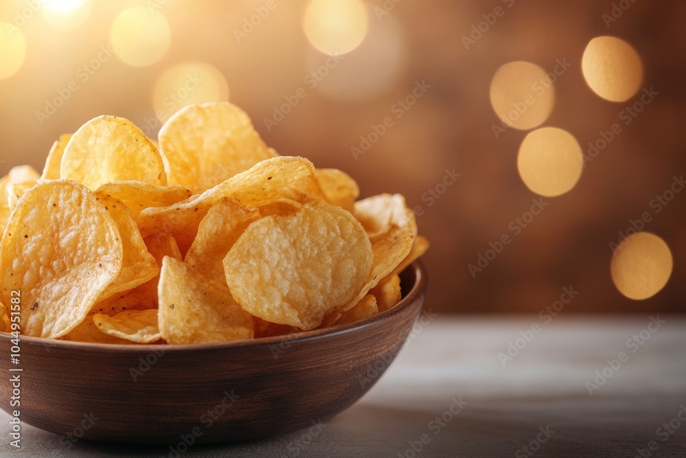 Delicious Potato Chips in a Bowl with Warm Lighting Background Generative AI Delicious Potato Chips in a Bowl with Warm Lighting Background Generative AI