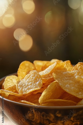 Delicious Potato Chips in a Bowl with Warm Lighting Background Generative AI