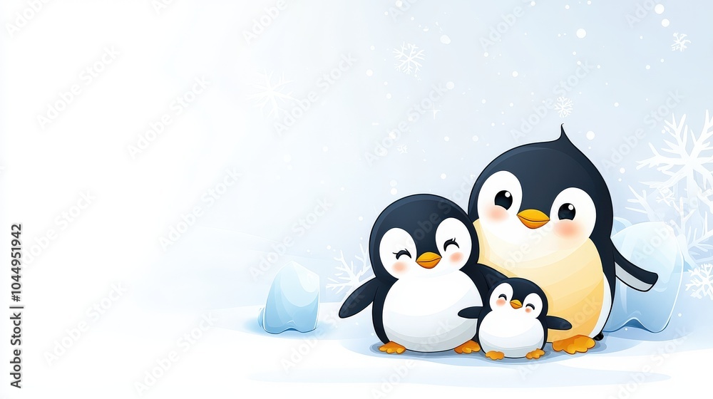 Fototapeta premium A family of penguins huddled together on an icy landscape, with pastel-colored icebergs in the background.