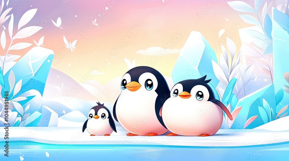 Obraz premium A family of penguins huddled together on an icy landscape, with pastel-colored icebergs in the background.