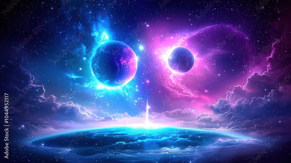 Obraz premium A fantasy-like depiction of a pastel-hued solar system, with glowing moons and radiant stars.