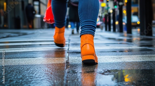 Orange Shoes Walking on Wet Pavement in the City