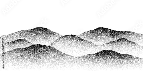 Noise grain halftone mountains and hills. Vector black and white noisy texture, gradually transitioning in density to form the shape of rolling hills and peaks. Modern, abstract pointillism effect