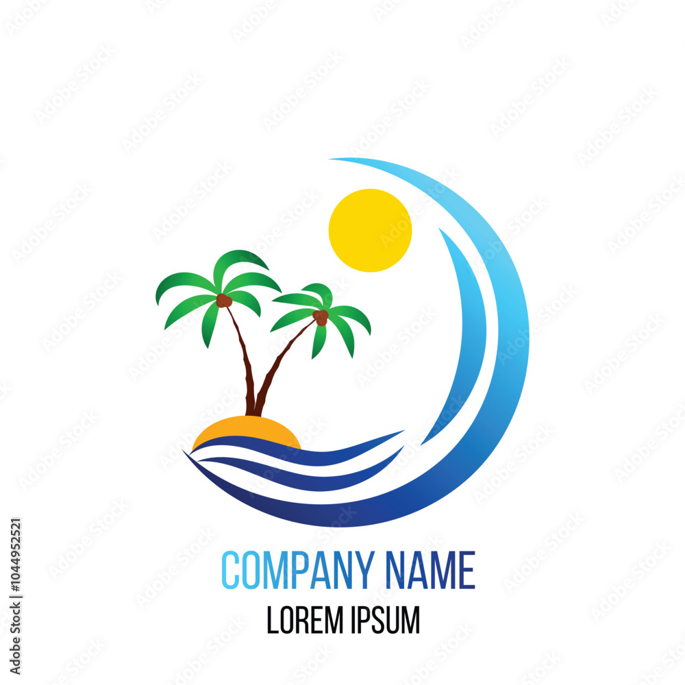 Naklejka premium Tropical Island Icon Template with Sunshine and Palms. Exotic locations and holiday trip concept vector art