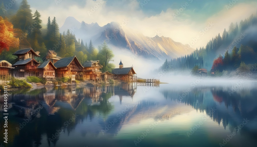 Fototapeta premium Tranquil mountain lake reflecting colorful autumn foliage and wooden houses in the alps