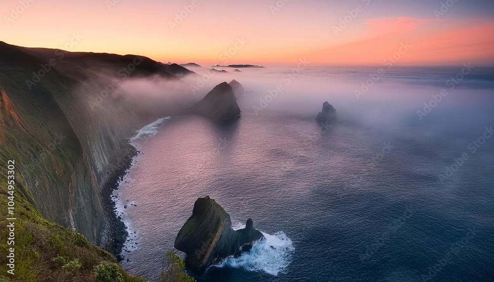 Obraz premium Fog rolling over rugged coastline at sunset