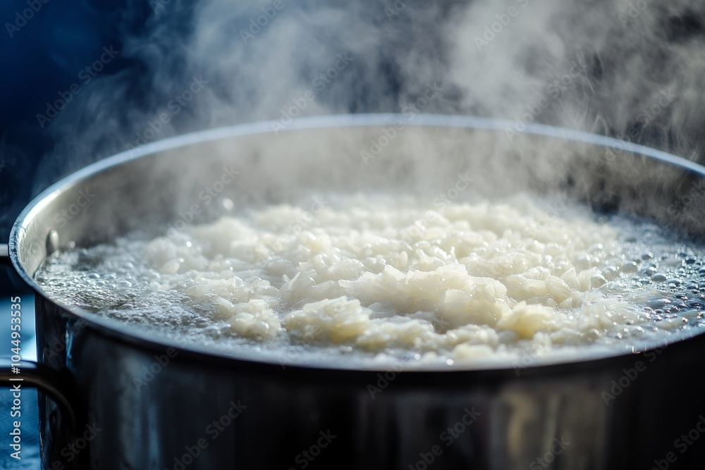 Cooking Rice in a Steel Pot, Boiling Water, Close-up Detail, Stock Photo for Food and Kitchen Concepts Generative AI Cooking Rice in a Steel Pot, Boiling Water, Close-up Detail, Stock Photo for Food and Kitchen Concepts Generative AI