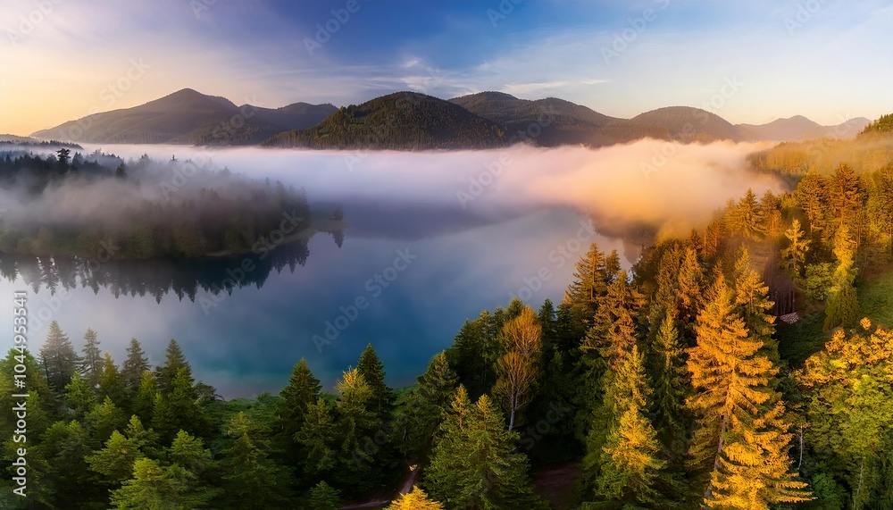 Fog is covering the lake in the forest at sunrise Fog is covering the lake in the forest at sunrise