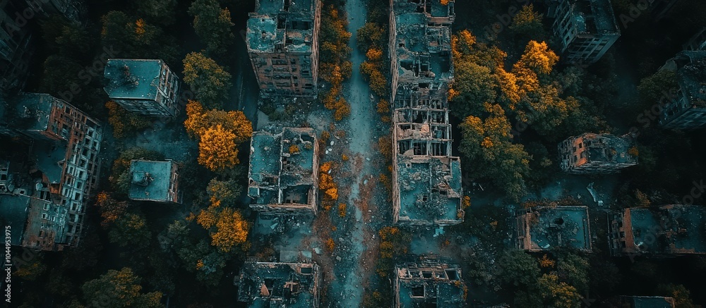 Fototapeta premium Aerial view of a ruined city street with overgrown trees.
