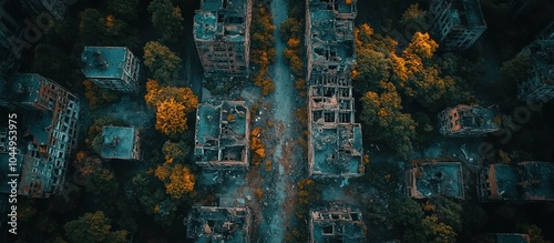 Wallpaper Mural Aerial view of a ruined city street with overgrown trees. Torontodigital.ca