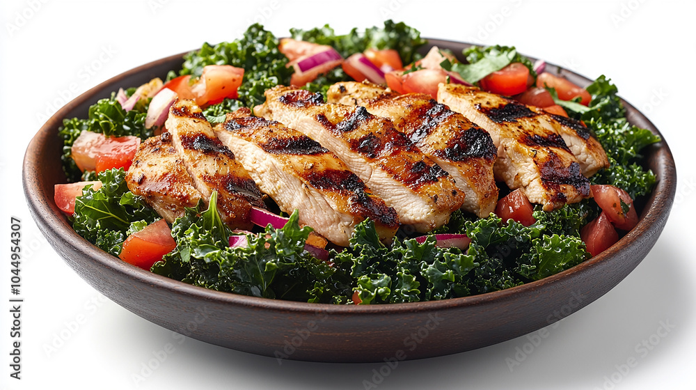 Kale salad with grilled chicken with olive oil dressing healthy food isolated on white background Kale salad with grilled chicken with olive oil dressing healthy food isolated on white background