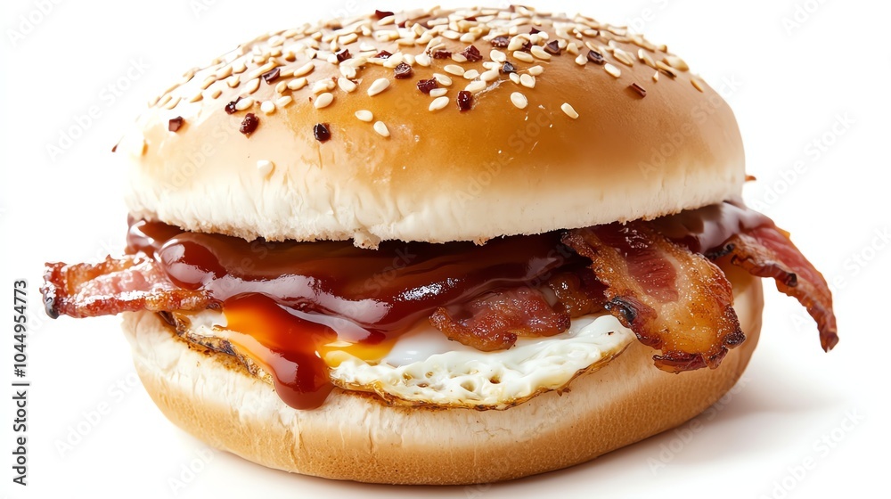 A breakfast sandwich with a fried egg, bacon, and sauce on a bun. A breakfast sandwich with a fried egg, bacon, and sauce on a bun.