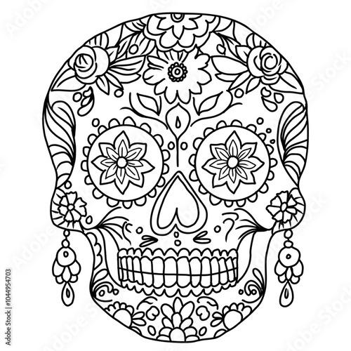 Coloring page sugar skull for adult. Hand drawn vector illustration for Day of the Dead.