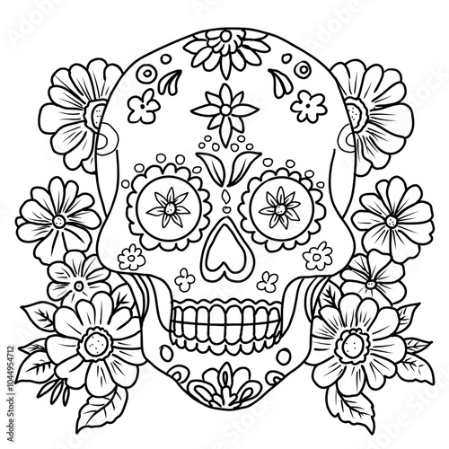 Coloring page sugar skull for adult. Hand drawn vector illustration for Day of the Dead.