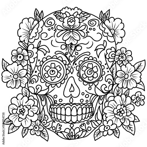 Coloring page sugar skull for adult. Hand drawn vector illustration for Day of the Dead.