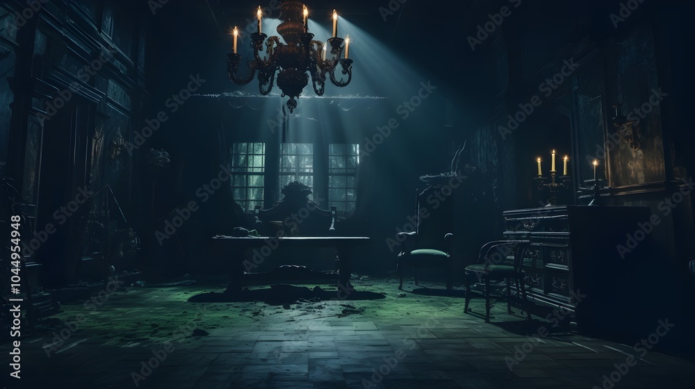 In a haunted mansion, a retro-style detective explores eerie rooms In a haunted mansion, a retro-style detective explores eerie rooms